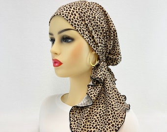 Pre Tied Chemo Head Scarf~Women's Cancer Scarves~Chemo Hats~Caps~Turbans~Chemo Gifts~Boho Brushed Tan Cheetah Knit Scarf#2165