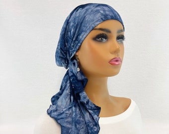 Pre Tied Chemo Head Scarf~Women's Cancer Scarves~Chemo Hats~Caps~Turbans~Chemo Gifts~Boho Indigo Tie Dyed Jersey Knit Scarf#2220