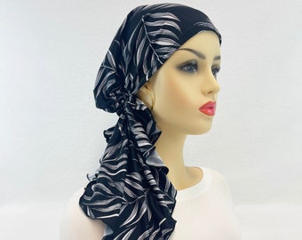 Pre Tied Chemo Head Scarf~Women's Cancer Scarves~Chemo Hats~Caps~Turbans~Chemo Gifts~Boho Brushed Black/Ivory Leaf Knit Scarf#2058