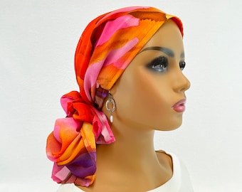 Pre Tied Chemo Head Scarf~Women's Cancer Scarf~Chemo Turban~Sheer Pink/Orange Watercolor Chiffon~Adjustable Toggle~Wear Long or Short#2055