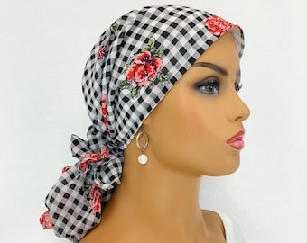 Pre Tied Chemo Head Scarf~Women's Cancer Scarf~Chemo Turban~Sheer Black & White Check Rose~Adjustable Toggle~Wear it Long or Short#766