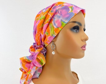 Pre Tied Chemo Head Scarf~Women's Cancer Scarf~Chemo Turban~Sheer Melon/Lilac Floral Chiffon~Adjustable Toggle~Wear Long or Short#2039
