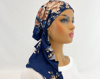 Pre Tied Chemo Head Scarf~Women's Cancer Scarves~Chemo Hats~Caps~Turbans~Chemo Gifts~Boho Navy/Mauve Floral Knit Scarf#2088