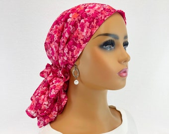 Pre Tied Chemo Head Scarf~Women's Cancer Scarf~Chemo Turban~Sheer Raspberry Floral Chiffon~Adjustable Toggle~Wear it Long or Short#2024