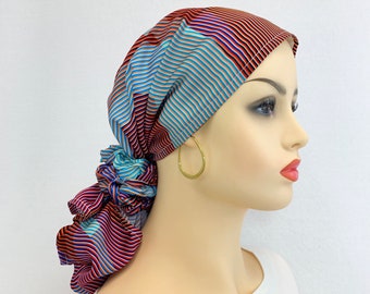 Pre Tied Chemo Head Scarf~Women's Cancer Scarf~Chemo Turban~Chemo Cap~Abstract Stripe~Adjustable Toggle~Wear it Long or Short#738