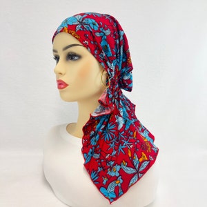 Voorgeknoopte chemohoofddoek ~ kankersjaals vrouwen ~ chemomutsen ~ petten ~ tulbanden ~ chemocadeaus ~ gebreide boho-bessen/turkoois bloemensjaal #2093