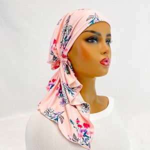 Voorgeknoopte chemohoofddoek ~ kankersjaals vrouwen ~ chemomutsen ~ petten ~ tulbanden ~ chemocadeau ~ boho brushed peachy/roze mini gestippelde bloemengebreide sjaal #2190