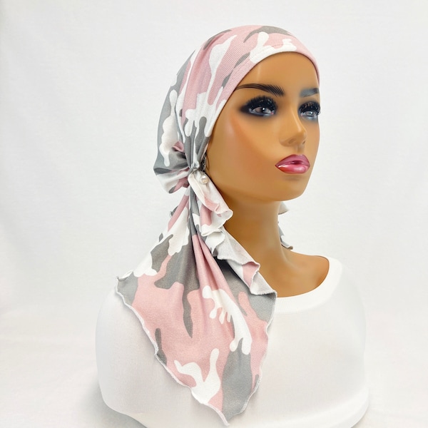 Fertig gebundenes Chemo Kopftuch~Frauen Krebs Halstuch~Chemo Mützen~Kappen~Turbane~Chemo Geschenke~Rosa/Grau Camo Strickschal