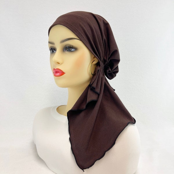 Pre Tied Chemo Head Scarf~Women's Cancer Scarves~Chemo Hats~Caps~Turbans~Chemo Gifts~Boho Dark Brown Knit Scarf#2145