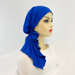Pre gebonden chemo hoofddoek ~ vrouwen kanker sjaals ~ chemo hoeden ~ petten ~ tulbanden ~ chemo geschenken ~ Boho geborsteld koningsblauw gebreide sjaal #2032