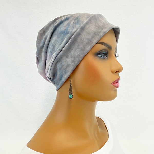 Chemo Alopecia Hair Loss Slouchy Brushed Knit Cap-Hat-Beanie-Chemo Headwear~Sleep Cap/Gray/Blue/Pink Tie Dyed#2071