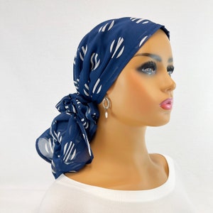 Pre Tied Chemo Head Scarf~Women's Cancer Scarf~Chemo Turban~Sheer Navy/Ivory Geometric Dot~Wear Long/Short#2141