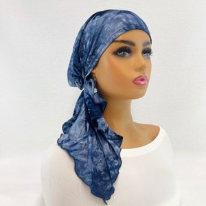あらかじめ結ばれた化学療法用ヘッドスカーフ〜女性用がんスカーフ〜化学療法用帽子〜キャップ〜ターバン〜化学療法用ギフト〜ボヘミアン風インディゴタイダイジャージーニットスカーフ#2220