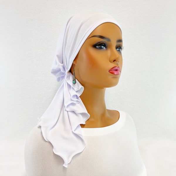Pre Tied Chemo Head Scarf~Women's Cancer Scarves~Chemo Hats~Caps~Turbans~Chemo Gifts~Light Weight Boho Brushed White Knit Scarf#1195