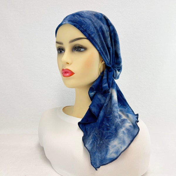 Foulard chimio pré-noué ~ écharpes cancer pour femmes ~ chapeaux de chimio ~ casquettes ~ turbans ~ cadeaux de chimio ~ écharpe bohème bleu marine/blanc tie-dye #2133