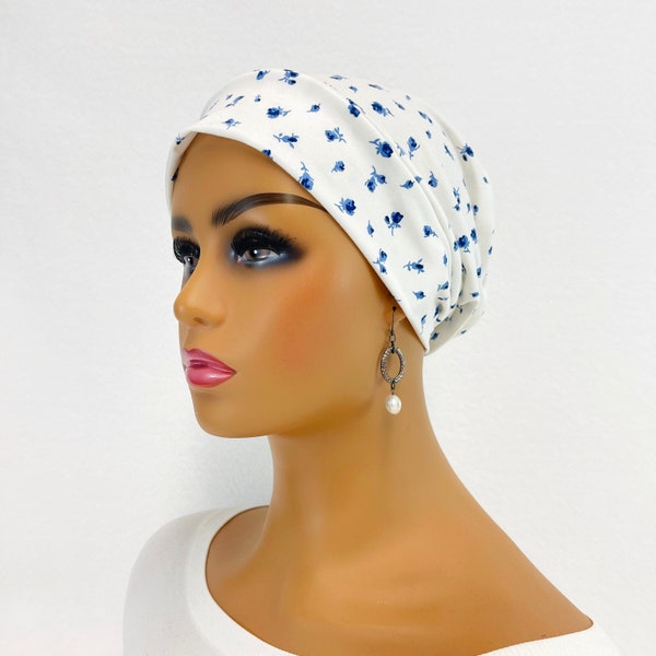 Chemo Alopecia Hair Loss Slouchy Brushed Knit Cap-Hat-Beanie-Chemo Headwear~Sleep Cap/Navy Petite Floral on Ivory#2213