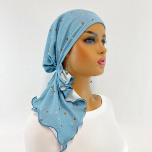 Voorgeknoopte chemohoofddoek ~ kankersjaals vrouwen ~ chemomutsen ~ petten ~ tulbanden ~ chemocadeaus ~ Boho blauw hart Hacci gebreide sjaal #1153