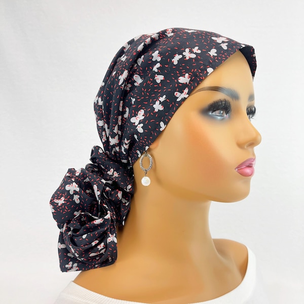 Pre Tied Chemo Head Scarf~Women's Cancer Scarf~Chemo Turban~Silky Black/Gray/Red Butterfly~Wear Long/Short#2216