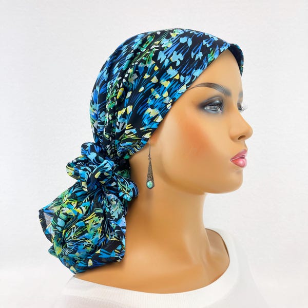 Pre Tied Chemo Head Scarf~Women's Cancer Scarf~Chemo Turban~Sheer Blue on Black Floral Chiffon~Adjustable Toggle~Wear it Long or Short#2245