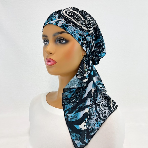 Pre Tied Chemo Women's Cancer Alopecia Head Scarves~ Boho Turbans~ Teal/Black Abstract Print ITY Knit Scarf#2248