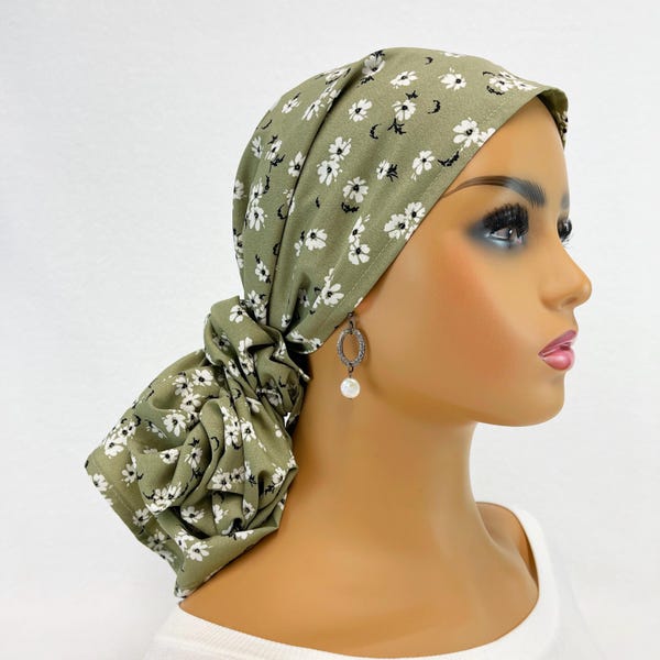 Pre Tied Chemo Head Scarf~Women's Cancer Scarf~Chemo Turban~Sage & White Floral~Adjustable Toggle~Wear it Long or Short#2251