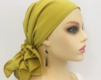 Pre tied Chemo Head Bufanda, Cáncer de mujer, Sombrero de chemo, Regalo, Crepe de Charteuse, Alternar ajustable, Llevar largo o corto 382