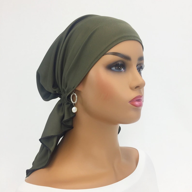 Pre Tied Chemo Head ScarfWomen's Cancer ScarvesChemo HeadwearTurbansChemo GiftsBoho Olive Knit Scarf695 image 2