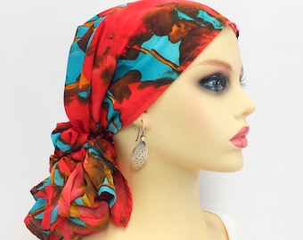 Pañuelo de cabeza para pérdida de cabello por cáncer de quimioterapia preatado, sombrero de quimioterapia, regalo de quimioterapia, coral sedoso y turquesa, palanca ajustable, uso largo o corto #281
