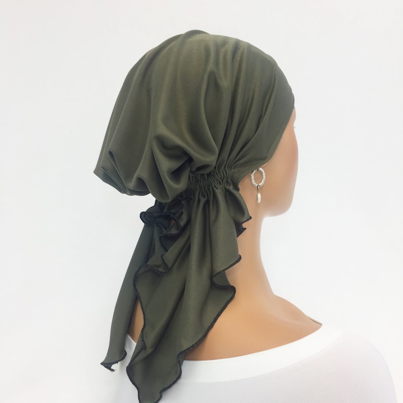 Pre Tied Chemo Head ScarfWomen's Cancer ScarvesChemo HeadwearTurbansChemo GiftsBoho Olive Knit Scarf695 image 3