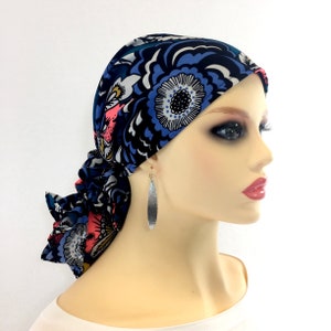 Pre Tied Chemo Cancer Hair Loss Head Scarf~Chemo Hat~Chemo Head Wrap~Teal Floral Rayon~Adjustable Toggle~Wear Long or Short#491
