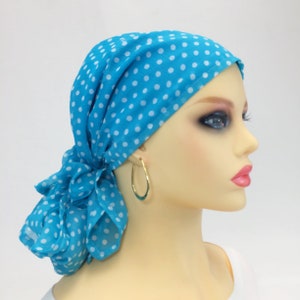 Pre Tied Chemo Head Scarf~Alopecia Hat~Chemo Turban~Cancer Scarf~Turquoise Polka Dot Chiffon~Adjustable Toggle~Wear Long or Short #197