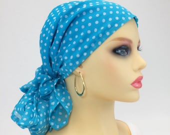 Pañuelo para la cabeza para quimioterapia preatado ~ Gorro para alopecia ~ Turbante para quimioterapia ~ Pañuelo para cáncer ~ Gasa con lunares turquesa ~ Cierre ajustable ~ Para usar largo o corto n.° 197
