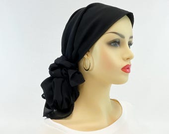 Pre Tied Chemo Head Scarf~Women&#39;s Cancer Scarf~Chemo Hat~Chemo Gift~Sheer Black Chiffon~Wear Long or Short~Adjustable Toggle #226
