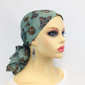 Pre Tied Chemo Head Scarf~Women&#39;s Cancer Headwear~Alopecia Head Wrap~TurbanSilky Sage Green~Jewel~Adjustable Toggle~Wear Long or Short#31