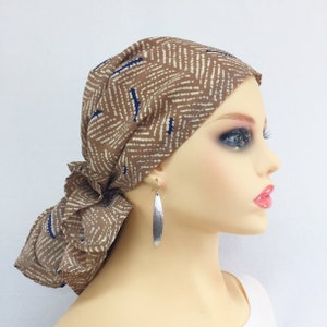 Pre Tied Chemo Head Scarf~Women&#39;s Cancer Headwear~Chemo Turban~Hair Loss~Camel-Ivory-Navy Chiffon~Adjustable Toggle~Wear Long or Short#338