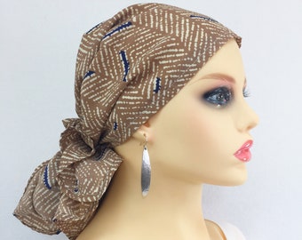 Voorgeknoopte chemohoofddoek ~ kankerhoofddeksel vrouwen ~ chemotulband ~ haaruitval ~ camel-ivoor-marineblauwe chiffon ~ verstelbare schakelaar ~ draag lang of kort #338