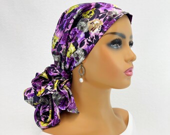 Pañuelo para la cabeza preatado para quimioterapia ~ Pañuelo para el cáncer para mujeres ~ Turbante para quimioterapia ~ Estampado floral sedoso violeta/lima/negro ~ Para usar largo/corto #2229