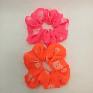 2 Neon Pink & Orange Skull Scrunchies, Hair Ties, Top Knot, Messy Bun, Hair Scrunchies, Scrunchy, 90&#39;s Fashion, #669