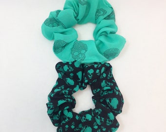 2 Green & Black Skull Scrunchies~Hair Ties, Top Knot, Messy Bun, Hair Scrunchies,Scrunchie Holder~Scrunchy, 90's Fashion, #668