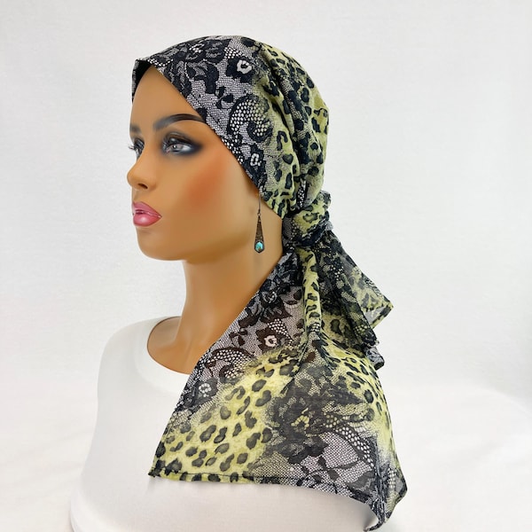 Pre Tied Chemo Head Scarf~Women's Cancer Scarf~Chemo Turban~Sheer Black/Celery Animal Lace Print~Wear Long/Short#2231