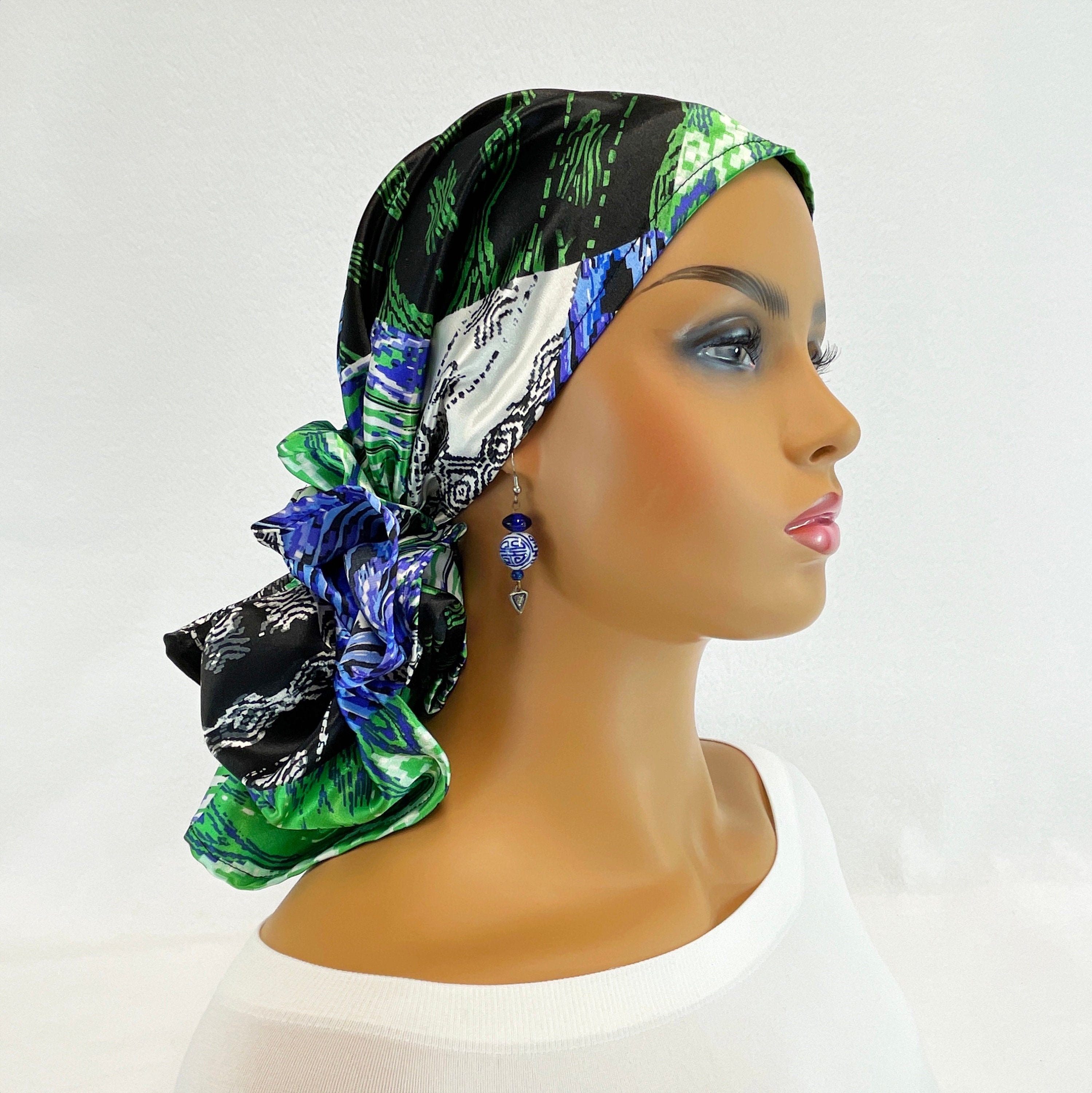 Pre Tied Chemo Head Scarf~Women's Cancer Scarf~Chemo Turban~Silky Black/Blue/Green Abstract~Adjustable Toggle~Wear it Long or Short#980