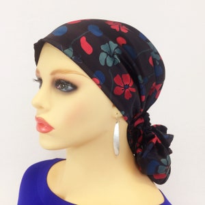 Pre Tied Chemo Hair Loss Cancer Head Scarf~Chemo Hat~Chemo Gift~Italian Silk~Navy Floral~Adjustable Toggle~Wear Long or Short#323