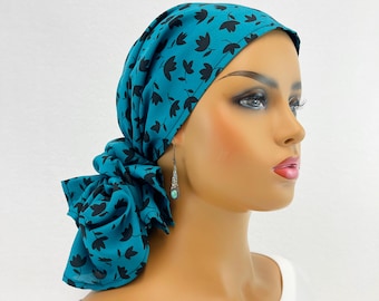 Pañuelo para la cabeza para quimioterapia preatado ~ Pañuelo para el cáncer para mujeres ~ Turbante para quimioterapia ~ Sedoso con estampado floral negro/verde azulado ~ Para usar largo o corto #2236