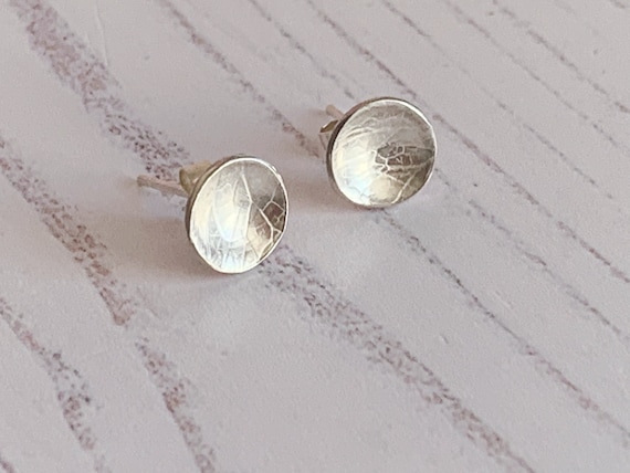 Sterling silver domed stud earrings with delicate hydrangea skeleton petal texture, recycled eco silver,unique, rustic, pattern, flowers