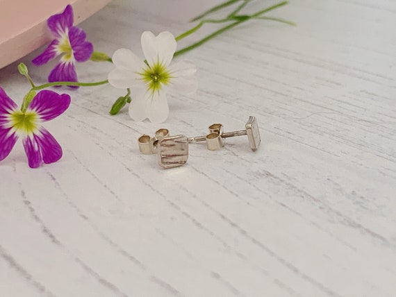 Recycled sterling silver stud earrings with hammered bark texture. Rustic, boho, everyday wear, great gift