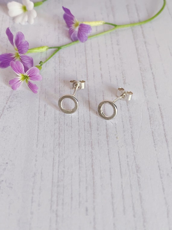 Recycled sterling silver tiny hoop stud earrings. Hammered texture, minimal style.
