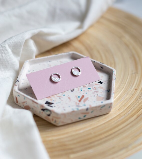 Sterling silver round stud earrings with hydrangea petal imprint semi circle. Recycled sterling silver.