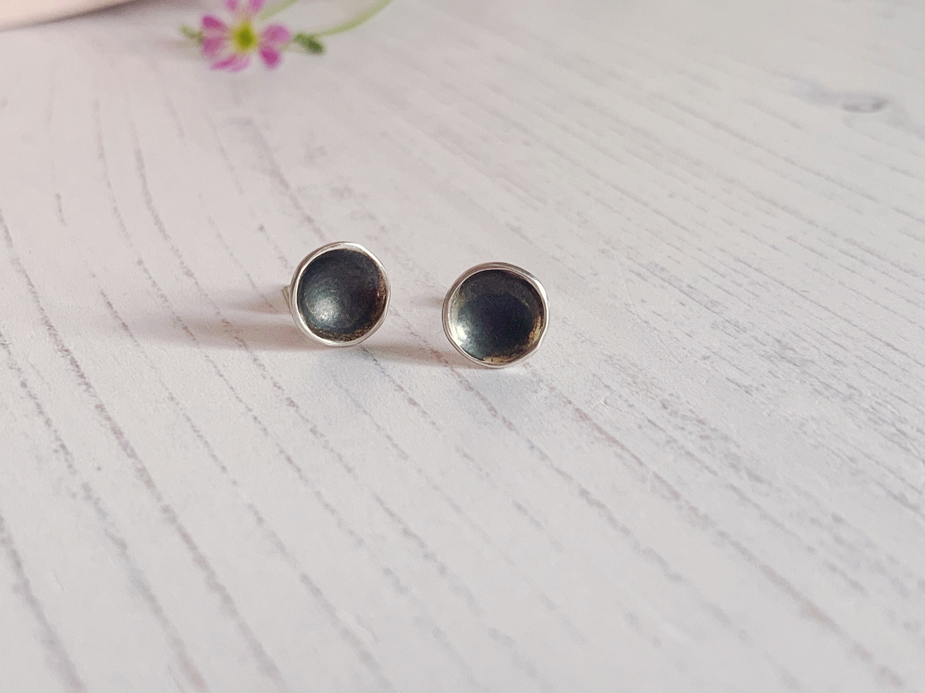 Recycled sterling silver round domed studs oxidised black. | Etsy