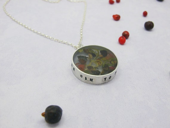 The gin to my tonic, gin inspired pendant, recycled sterling silver necklace with gin botanicals set in a clear resin