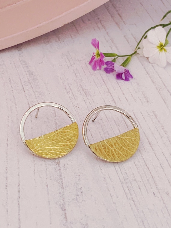 large statement circle sterling silver earrings and brass semi circle, with hydrangea petal pattern, life leaf imprint.